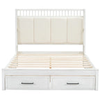 White Queen Size Wooden Platform Bed with Upholstered Headboard and 2 Drawers
