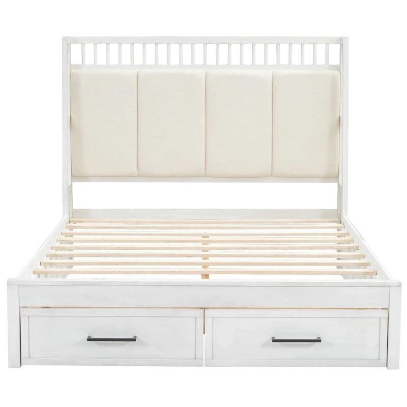 White Queen Size Wooden Platform Bed with Upholstered Headboard and 2 Drawers
