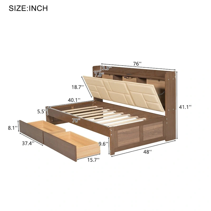 Wood Twin Size Wood Daybed with Upholstered Headboard, USB Ports, and 2 Drawers