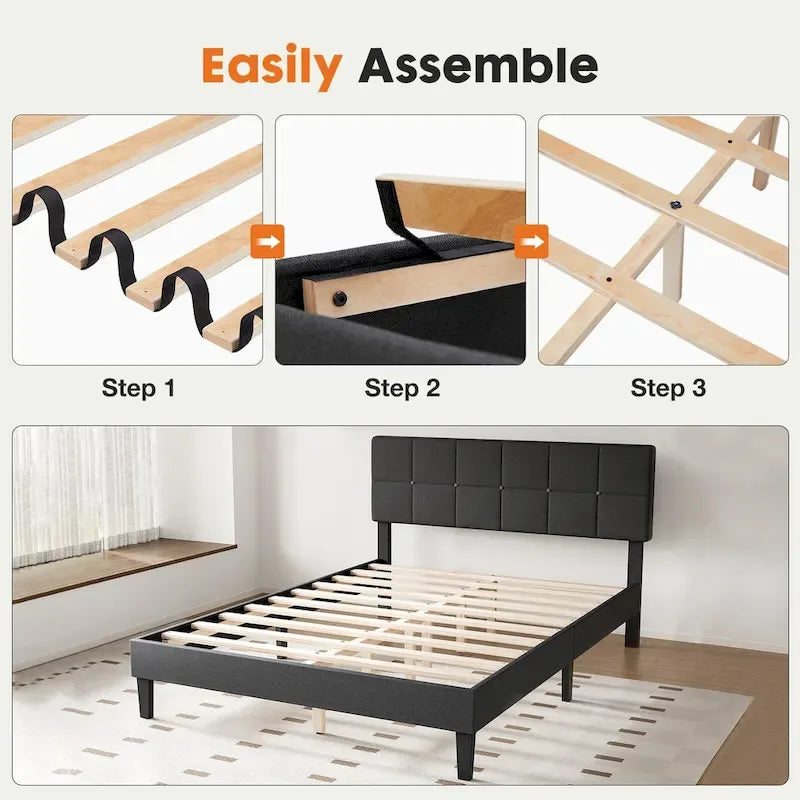 Dark Grey Queen Size Linen Upholstered Platform Bed with Adjustable Headboard and Solid Wooden Slats Support