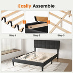 Dark Grey Queen Size Linen Upholstered Platform Bed with Adjustable Headboard and Solid Wooden Slats Support