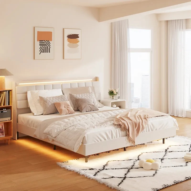 Beige King Size Floating Upholstered Platform Bed with Headboard and Hidden Storage Space