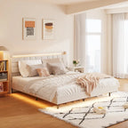 Beige King Size Floating Upholstered Platform Bed with Headboard and Hidden Storage Space