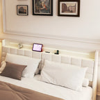 Beige King Size Floating Upholstered Platform Bed with Headboard and Hidden Storage Space