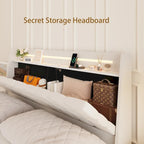 Beige King Size Floating Upholstered Platform Bed with Headboard and Hidden Storage Space