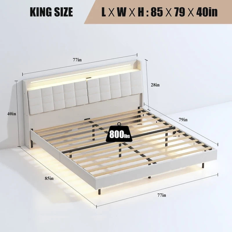 Beige King Size Floating Upholstered Platform Bed with Headboard and Hidden Storage Space