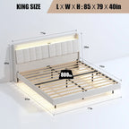 Beige King Size Floating Upholstered Platform Bed with Headboard and Hidden Storage Space