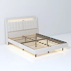 Beige King Size Floating Upholstered Platform Bed with Headboard and Hidden Storage Space