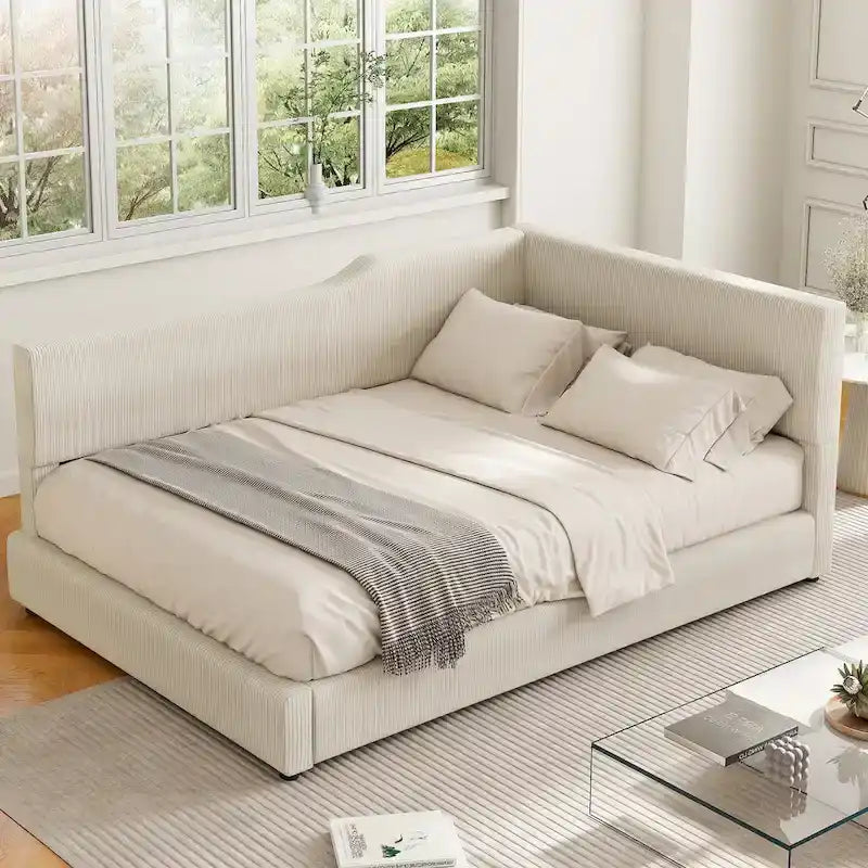 Full Size L-Shaped Daybed with Solid Frame, 500LBS Weight Capacity