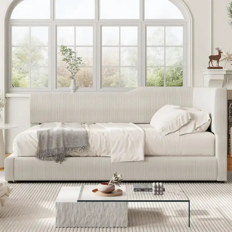 Full Size L-Shaped Daybed with Solid Frame, 500LBS Weight Capacity