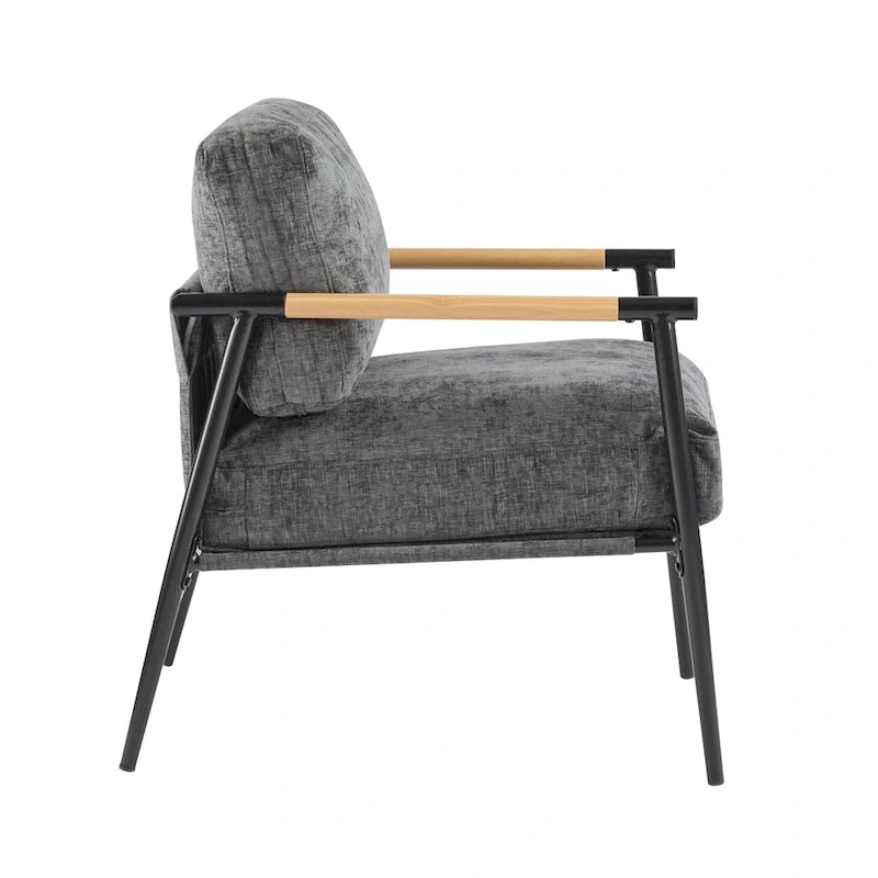 Polyester Accent Chair with Metal Frame & Wooden Armrests