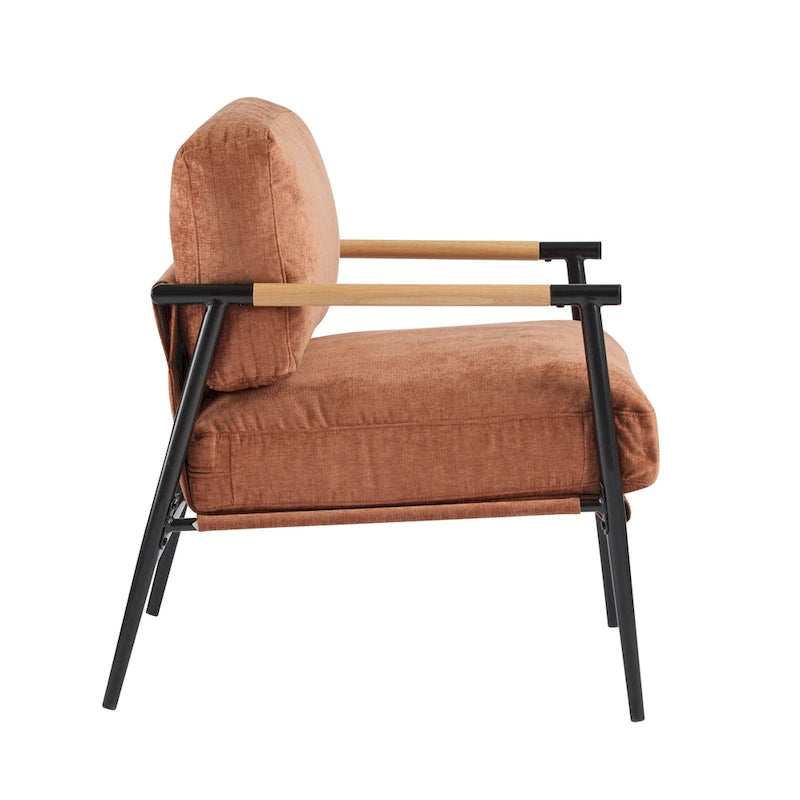 Polyester Accent Chair with Metal Frame & Wooden Armrests