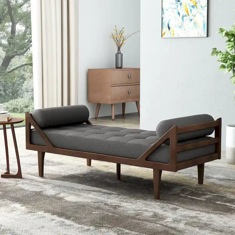 Charcoal Modern 65 Button Tufted Chaise Lounge Chair with Bent Wood Desing and Rolled Accent Pillows