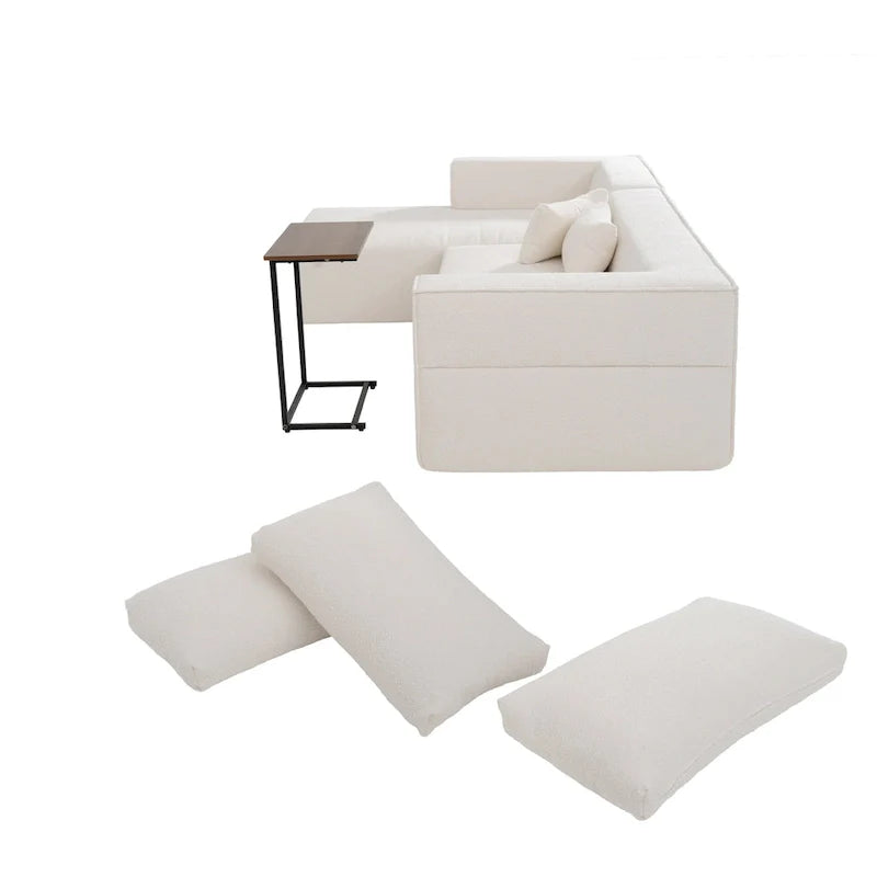 112 Boucle Modular Sectional Sofa with Free Side Table, Wide Seat Design and No Assembly Required