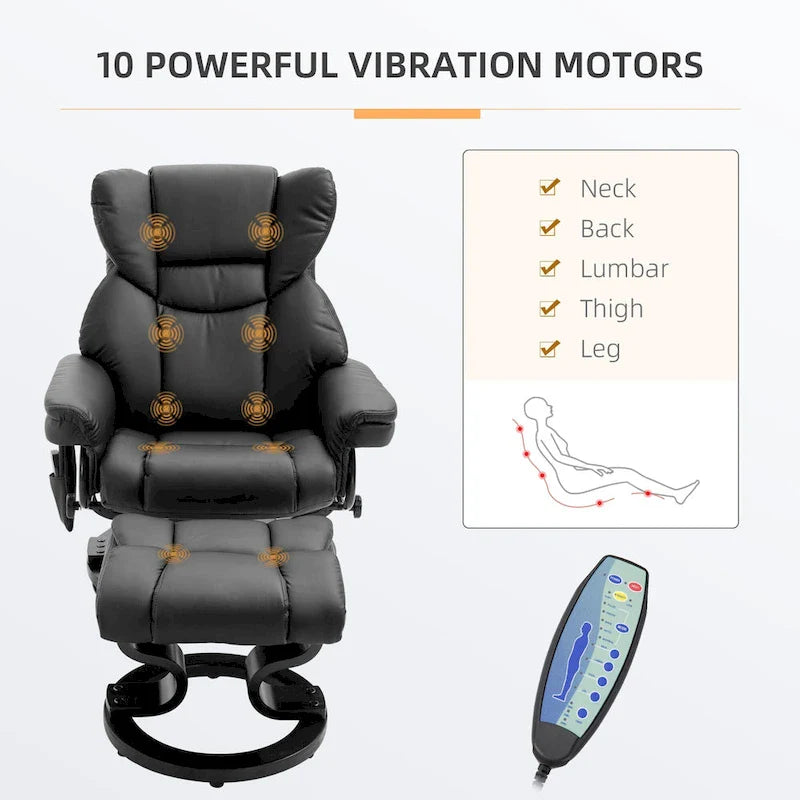 Black Faux Leather 360 Swivel Manual Recliner Set with Ottoman, 10 Vibration Massage Points, Side Pocket