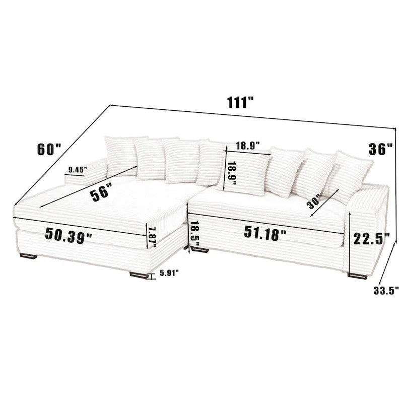 111 Corduroy L-Shaped Sectional Sofa with Oversized Left Chaise
