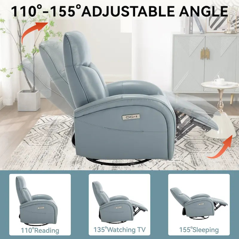 Blue Genuine Leather Power Recliner with Swivel & USB Charging