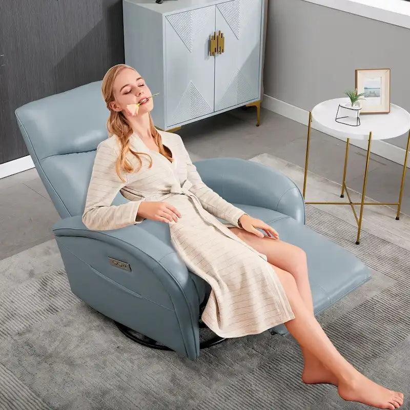 Blue Genuine Leather Power Recliner with Swivel & USB Charging