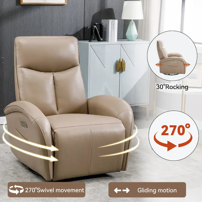 Blue Genuine Leather Power Recliner with Swivel & USB Charging