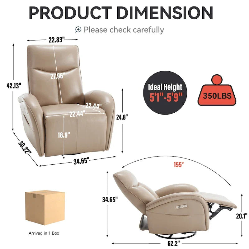 Blue Genuine Leather Power Recliner with Swivel & USB Charging