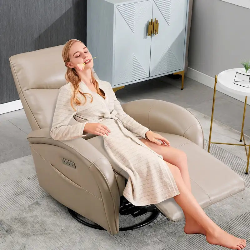 Blue Genuine Leather Power Recliner with Swivel & USB Charging