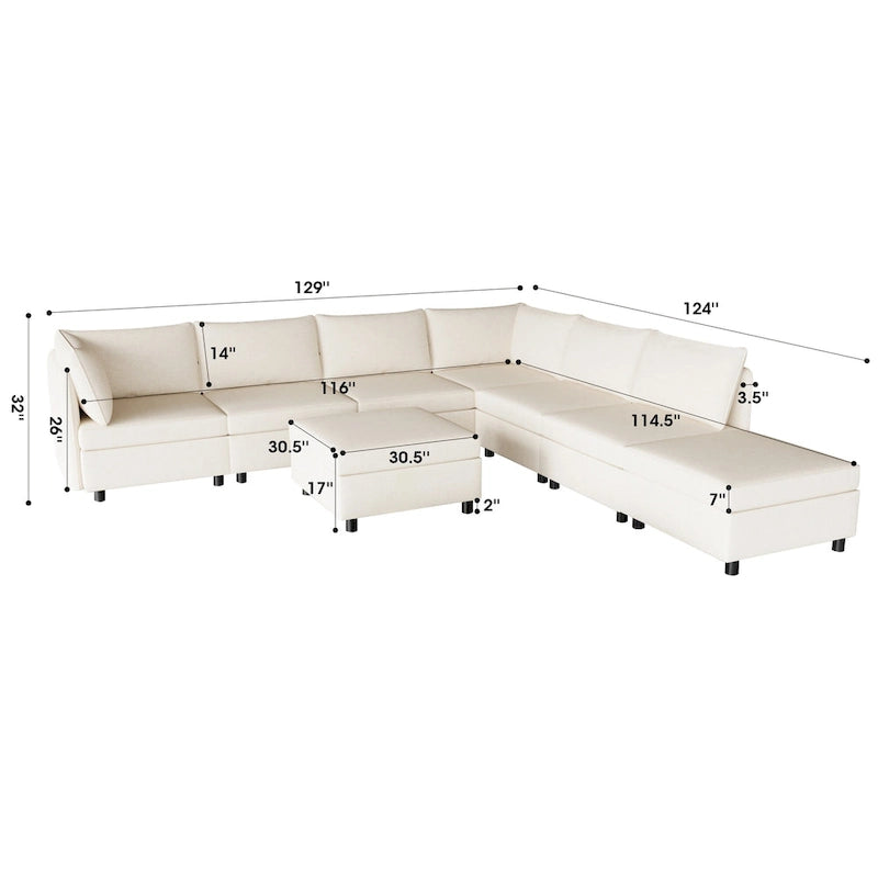 Beige 129 Convertible 8-Seater Modular Sofa with Storage