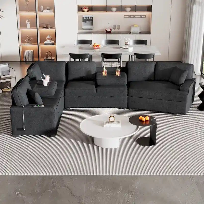 126 L-Shaped 6-Seat Sectional Sofa with Pull-Out Bed, USB Charging Ports, and Drop-Down Cup Holder Tables