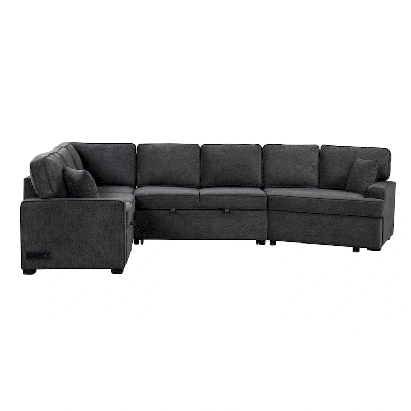 126 L-Shaped 6-Seat Sectional Sofa with Pull-Out Bed, USB Charging Ports, and Drop-Down Cup Holder Tables