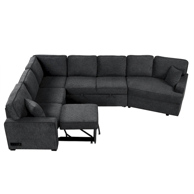 126 L-Shaped 6-Seat Sectional Sofa with Pull-Out Bed, USB Charging Ports, and Drop-Down Cup Holder Tables