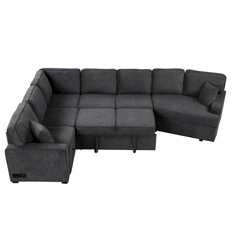126 L-Shaped 6-Seat Sectional Sofa with Pull-Out Bed, USB Charging Ports, and Drop-Down Cup Holder Tables
