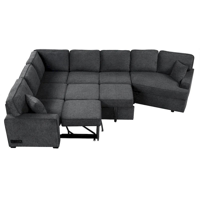 126 L-Shaped 6-Seat Sectional Sofa with Pull-Out Bed, USB Charging Ports, and Drop-Down Cup Holder Tables