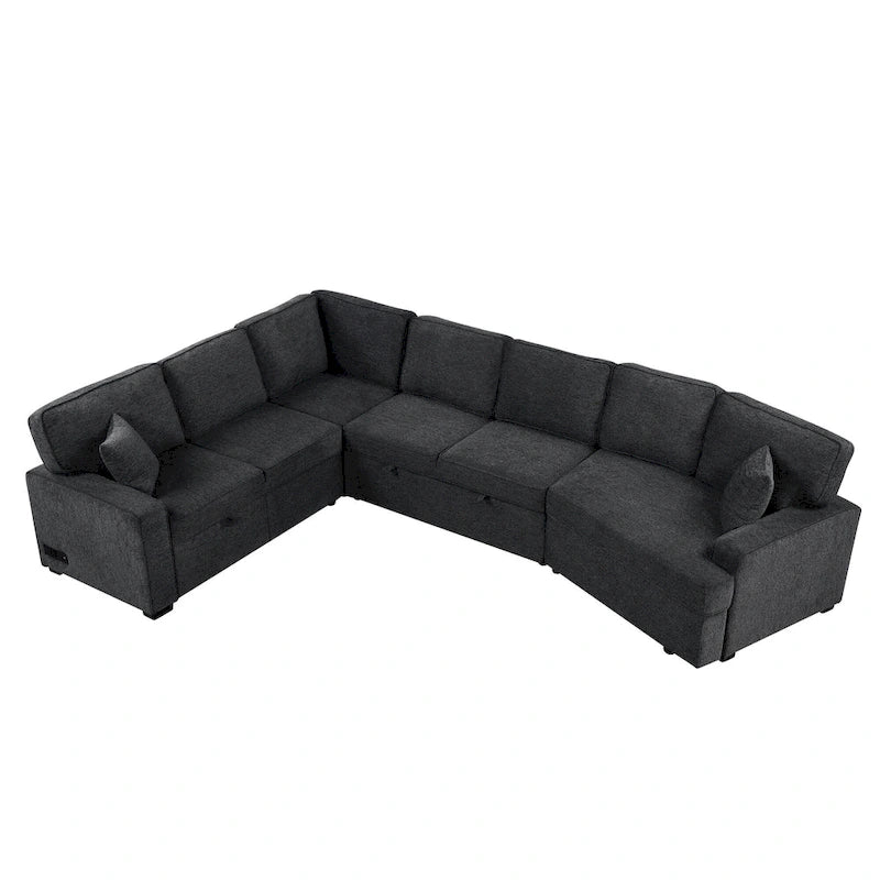 126 L-Shaped 6-Seat Sectional Sofa with Pull-Out Bed, USB Charging Ports, and Drop-Down Cup Holder Tables
