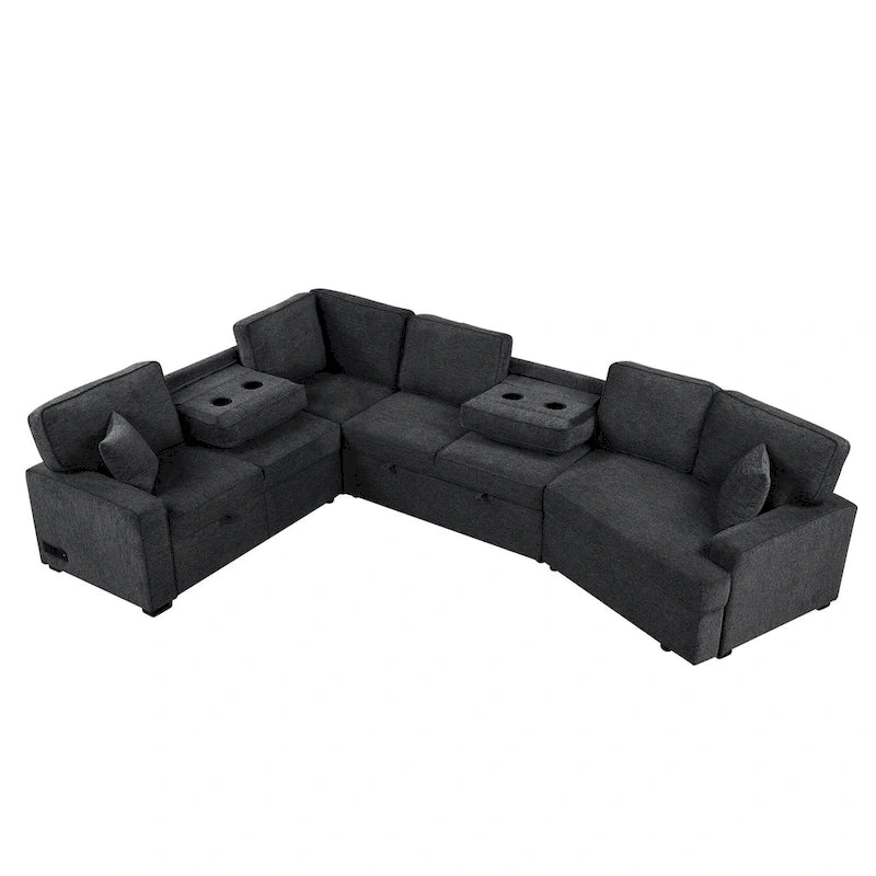 126 L-Shaped 6-Seat Sectional Sofa with Pull-Out Bed, USB Charging Ports, and Drop-Down Cup Holder Tables