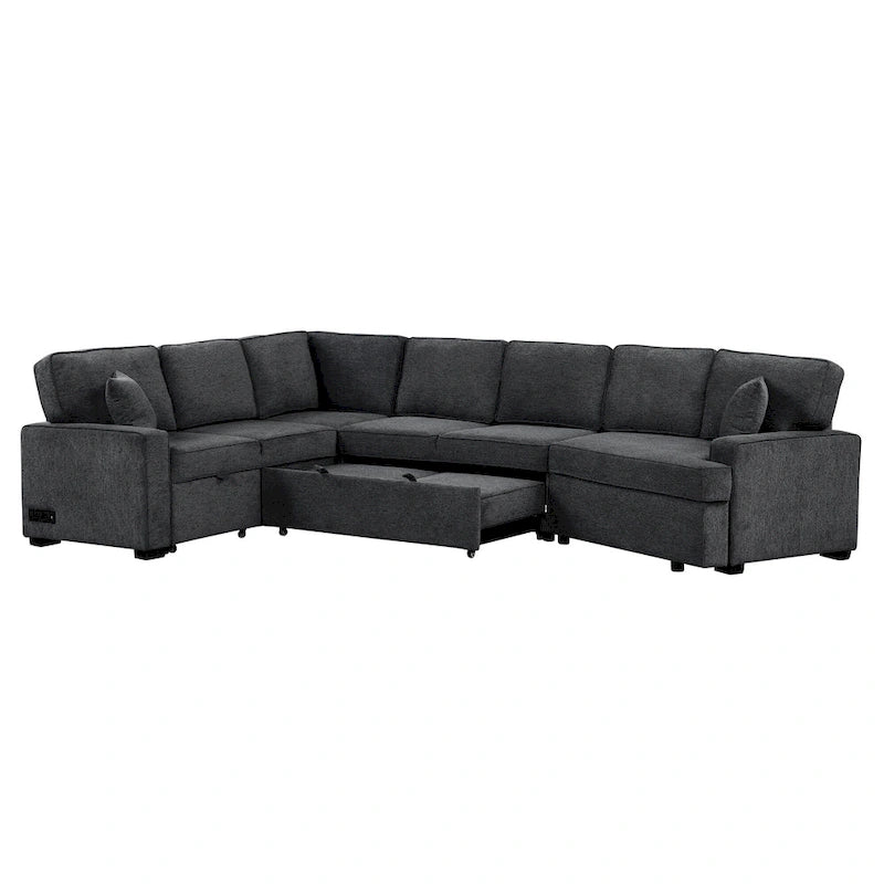 126 L-Shaped 6-Seat Sectional Sofa with Pull-Out Bed, USB Charging Ports, and Drop-Down Cup Holder Tables