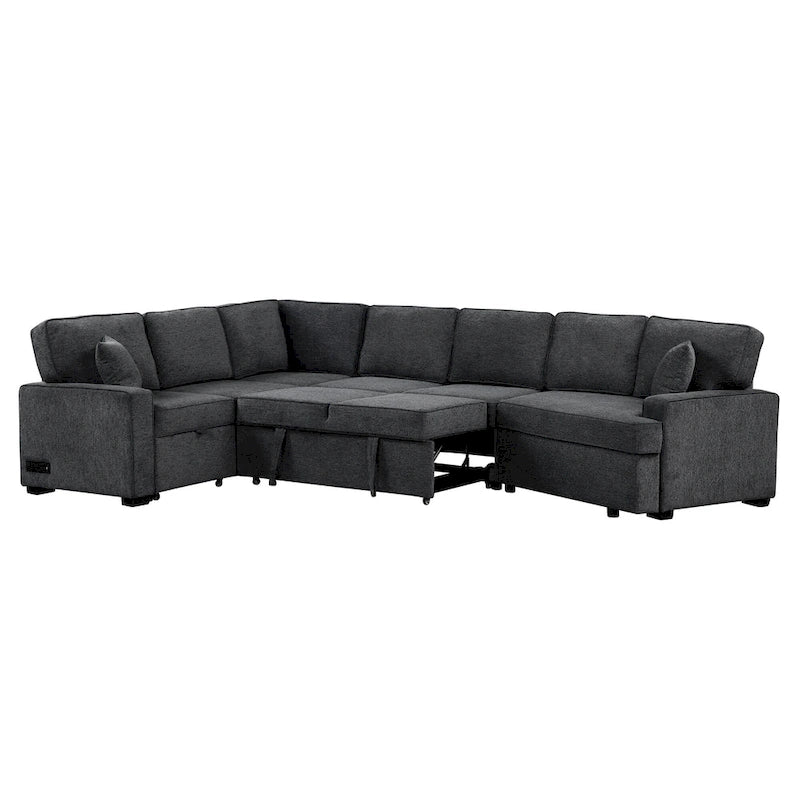 126 L-Shaped 6-Seat Sectional Sofa with Pull-Out Bed, USB Charging Ports, and Drop-Down Cup Holder Tables