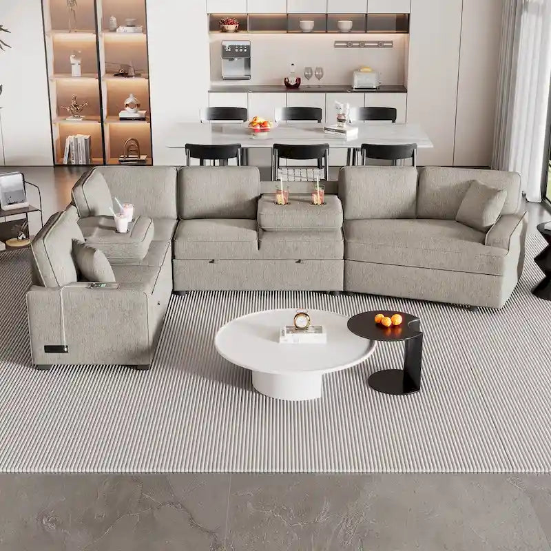 126 L-Shaped 6-Seat Sectional Sofa with Pull-Out Bed, USB Charging Ports, and Drop-Down Cup Holder Tables