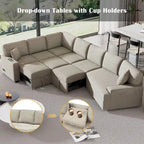 126 L-Shaped 6-Seat Sectional Sofa with Pull-Out Bed, USB Charging Ports, and Drop-Down Cup Holder Tables
