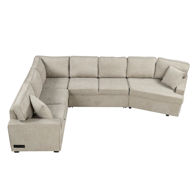 126 L-Shaped 6-Seat Sectional Sofa with Pull-Out Bed, USB Charging Ports, and Drop-Down Cup Holder Tables