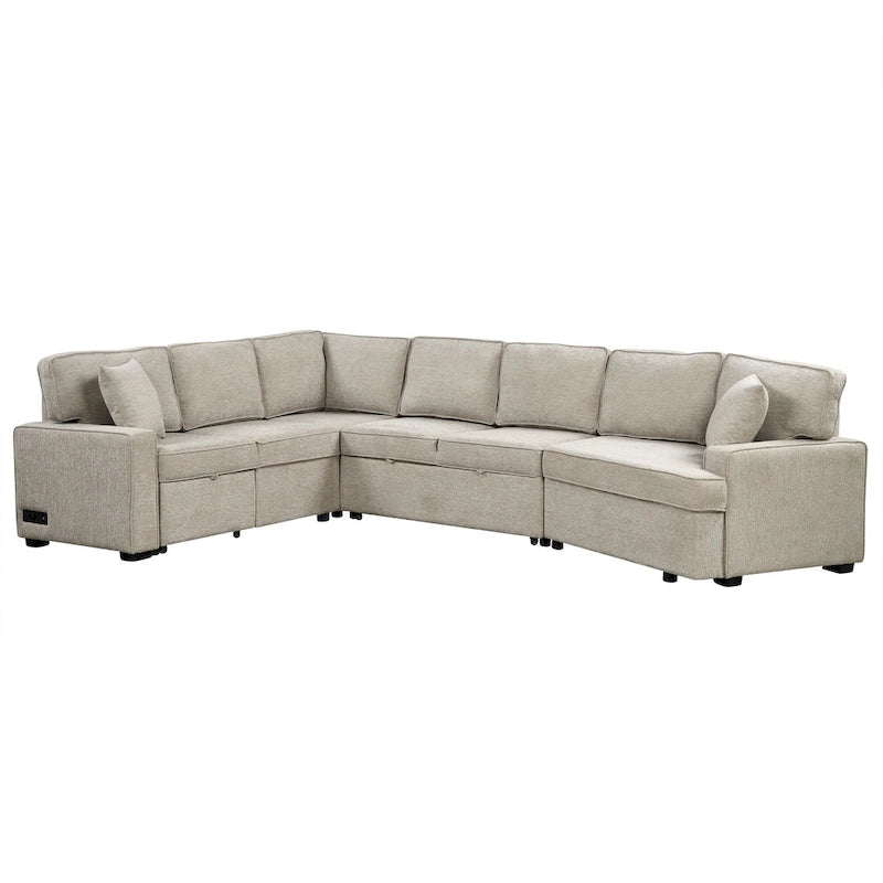 126 L-Shaped 6-Seat Sectional Sofa with Pull-Out Bed, USB Charging Ports, and Drop-Down Cup Holder Tables