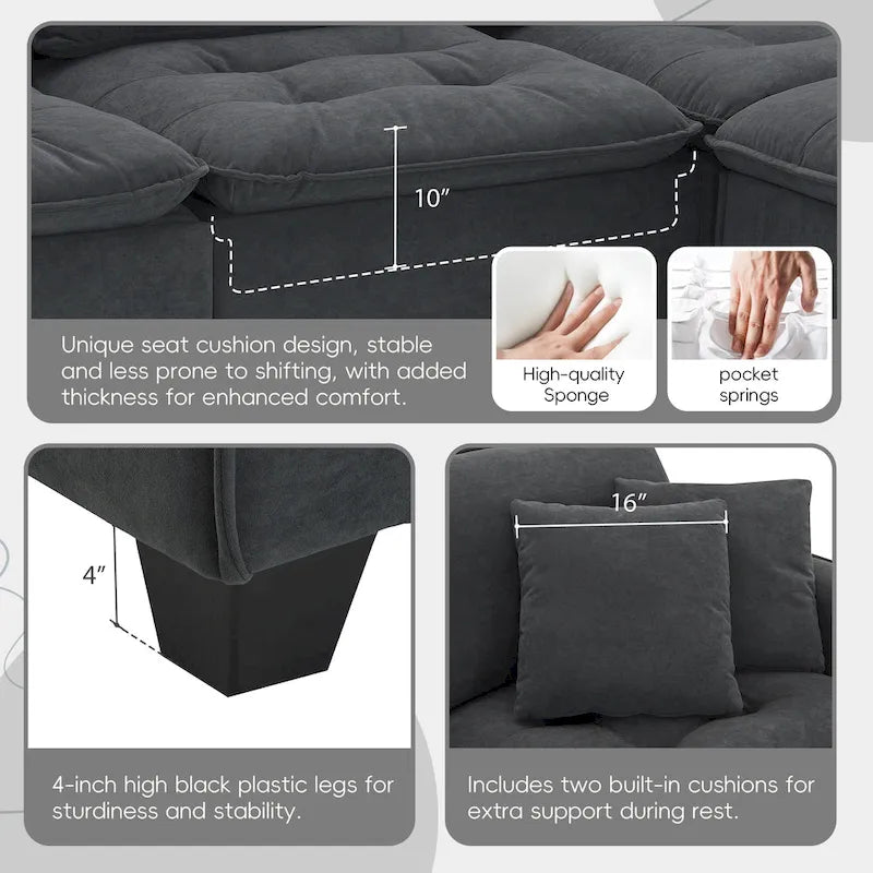 100 L-Shaped Convertible 4 Seater Sectional Sofa with Removable Ottoman and Matching Pillows, Suede Velvet Upholstery