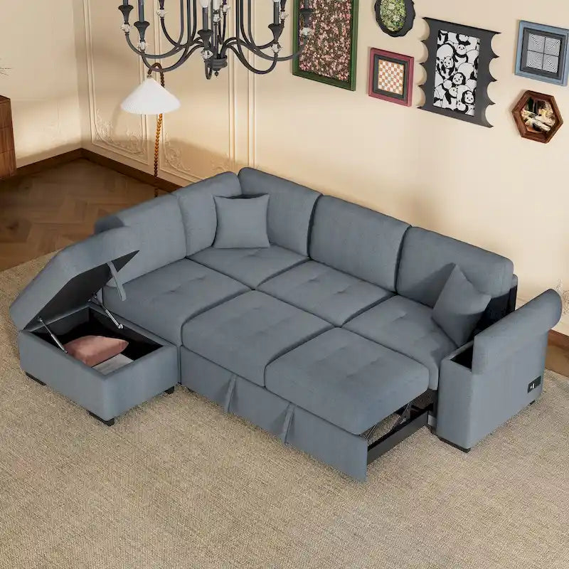 84.75 L-Shape 5 Seat Sectional Sofa with Pull-Out Bed, Storage Ottoman, Hidden Arm Storage & USB Charging