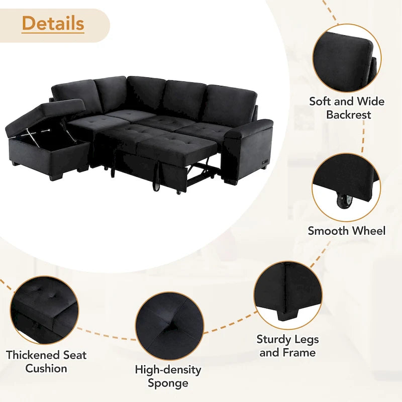 84.75 L-Shape 5 Seat Sectional Sofa with Pull-Out Bed, Storage Ottoman, Hidden Arm Storage & USB Charging
