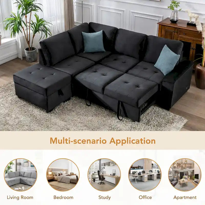 84.75 L-Shape 5 Seat Sectional Sofa with Pull-Out Bed, Storage Ottoman, Hidden Arm Storage & USB Charging