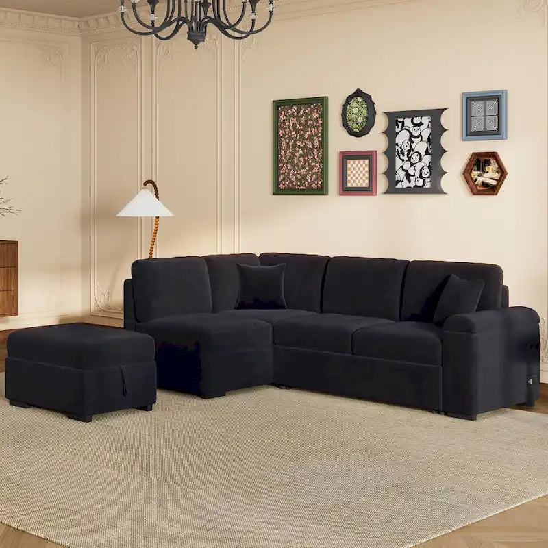 84.75 L-Shape 5 Seat Sectional Sofa with Pull-Out Bed, Storage Ottoman, Hidden Arm Storage & USB Charging