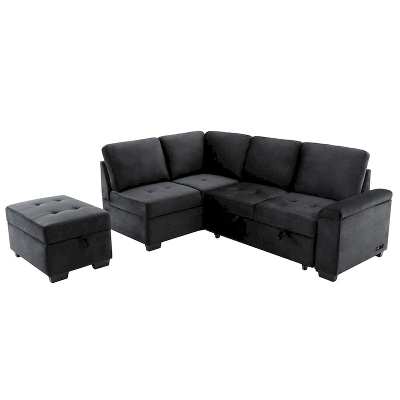 84.75 L-Shape 5 Seat Sectional Sofa with Pull-Out Bed, Storage Ottoman, Hidden Arm Storage & USB Charging