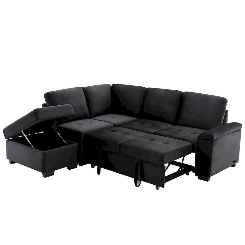84.75 L-Shape 5 Seat Sectional Sofa with Pull-Out Bed, Storage Ottoman, Hidden Arm Storage & USB Charging