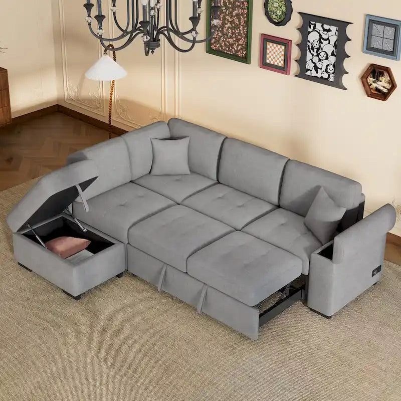 84.75 L-Shape 5 Seat Sectional Sofa with Pull-Out Bed, Storage Ottoman, Hidden Arm Storage & USB Charging