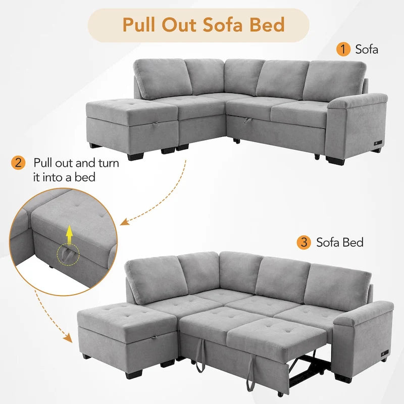84.75 L-Shape 5 Seat Sectional Sofa with Pull-Out Bed, Storage Ottoman, Hidden Arm Storage & USB Charging