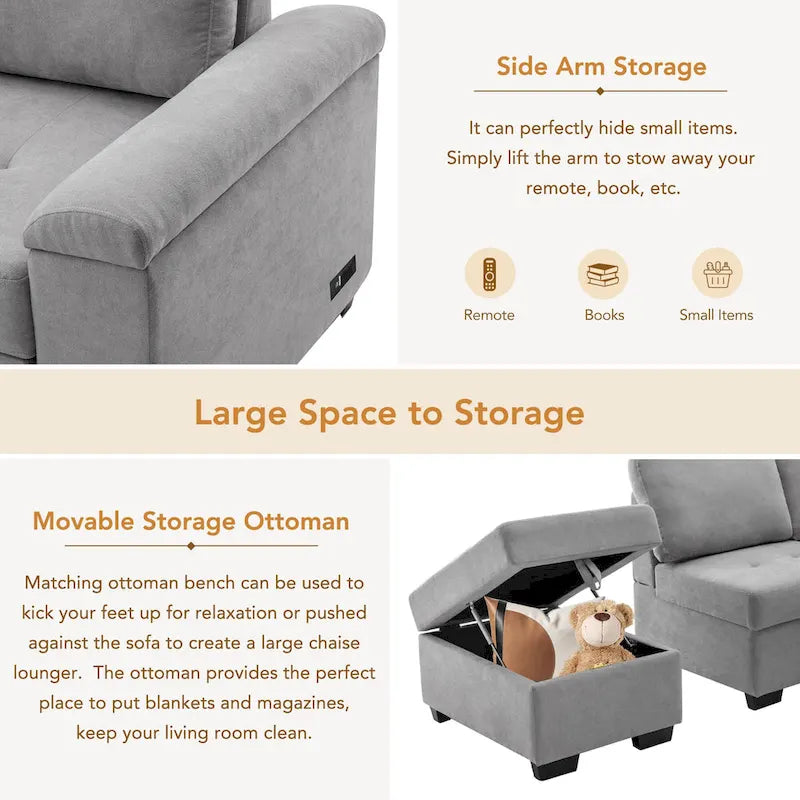 84.75 L-Shape 5 Seat Sectional Sofa with Pull-Out Bed, Storage Ottoman, Hidden Arm Storage & USB Charging