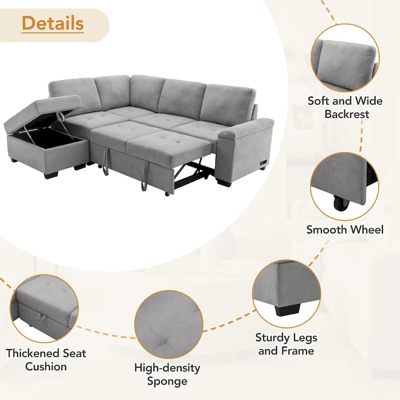 84.75 L-Shape 5 Seat Sectional Sofa with Pull-Out Bed, Storage Ottoman, Hidden Arm Storage & USB Charging
